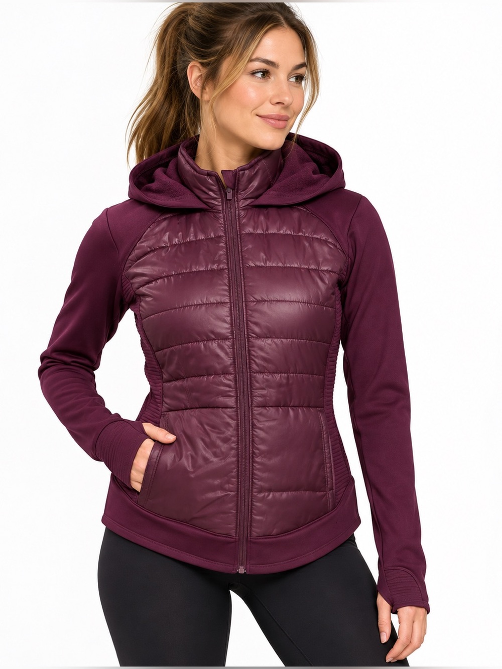 Tek Gear Hooded Mixed Media Quilted Puffer Jacket Plum Purple Women’s M fall